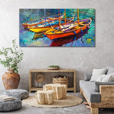Colorful boats on calm water Print on canvas