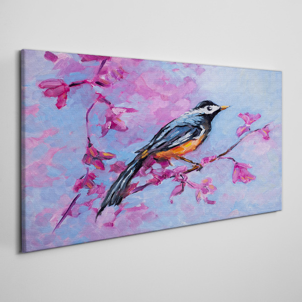 Spring bird on pink branches Canvas wall art