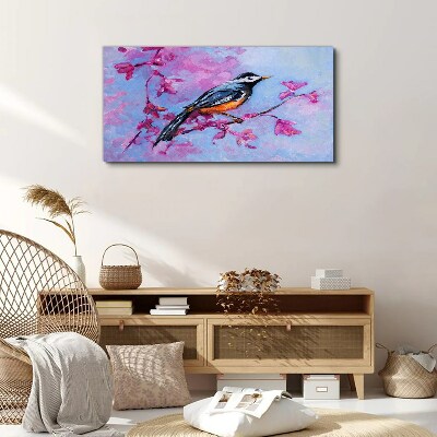 Spring bird on pink branches Canvas wall art
