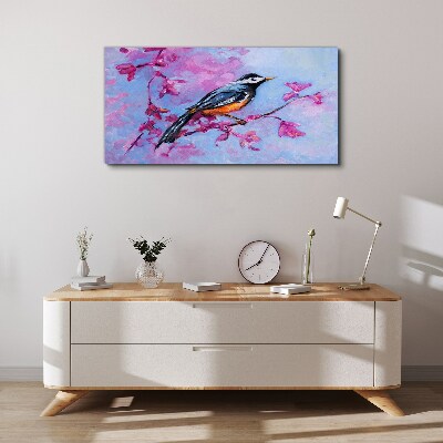 Spring bird on pink branches Canvas wall art
