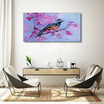 Spring bird on pink branches Canvas wall art