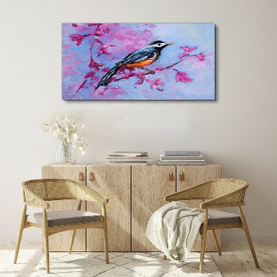 Spring bird on pink branches Canvas wall art