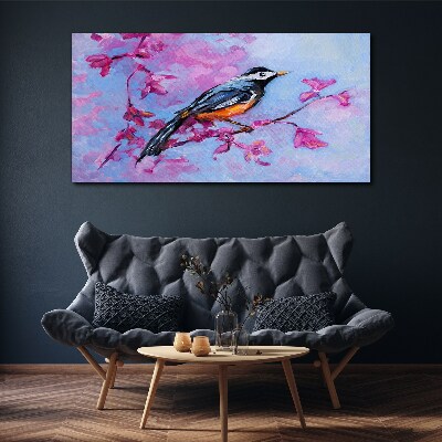 Spring bird on pink branches Canvas wall art