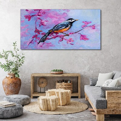 Spring bird on pink branches Canvas wall art
