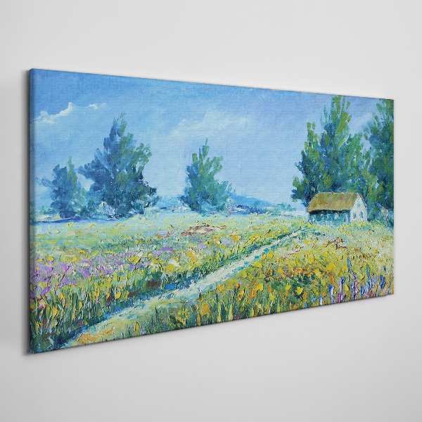 Summer landscape with a house in the field Canvas wall art