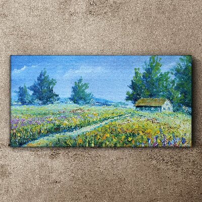 Summer landscape with a house in the field Canvas wall art
