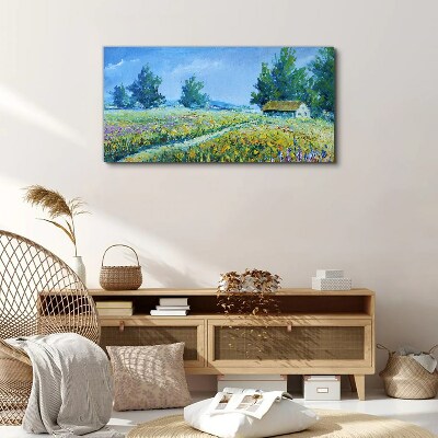 Summer landscape with a house in the field Canvas wall art