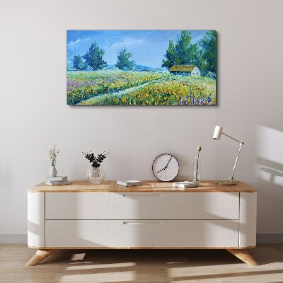 Summer landscape with a house in the field Canvas wall art