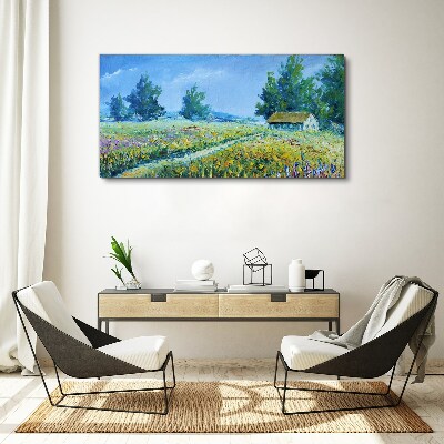 Summer landscape with a house in the field Canvas wall art