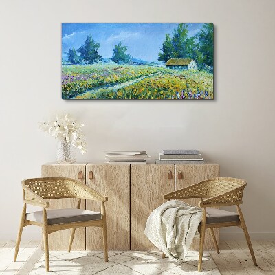 Summer landscape with a house in the field Canvas wall art