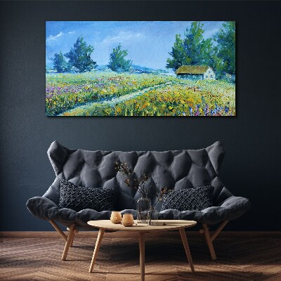 Summer landscape with a house in the field Canvas wall art