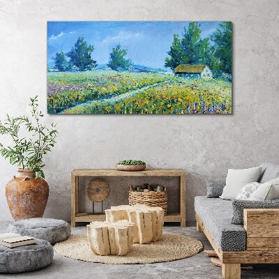Summer landscape with a house in the field Canvas wall art