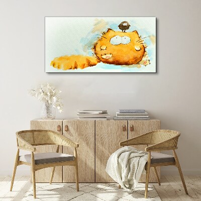 Cat with a bird Print on canvas