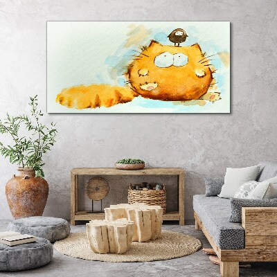 Cat with a bird Print on canvas