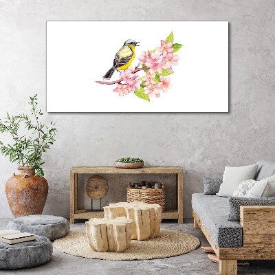 Bird on a branch with flowers Canvas wall art