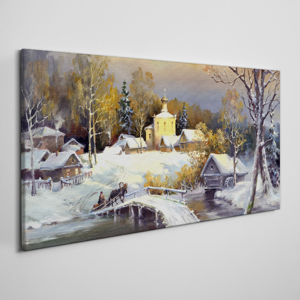 Winter landscape with a village church Print on canvas