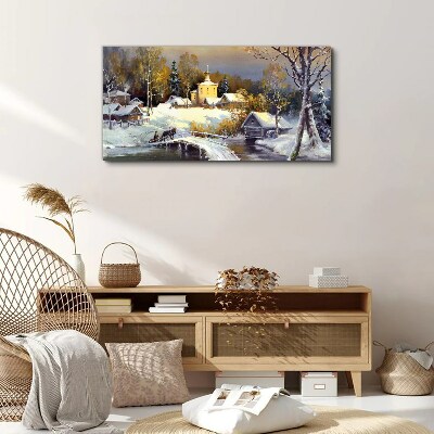 Winter landscape with a village church Print on canvas