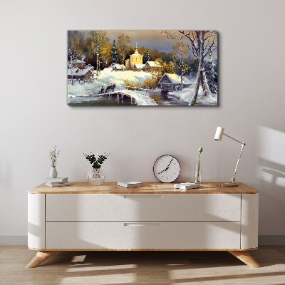 Winter landscape with a village church Print on canvas