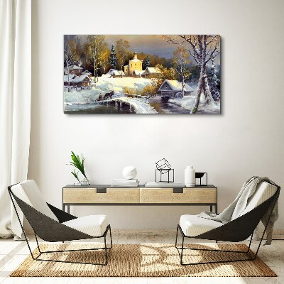 Winter landscape with a village church Print on canvas