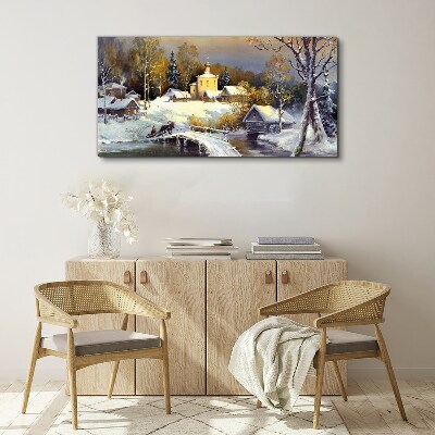 Winter landscape with a village church Print on canvas