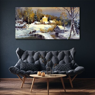 Winter landscape with a village church Print on canvas