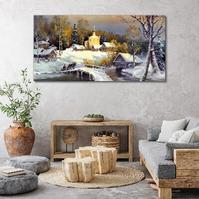 Winter snow village Canvas Wall art