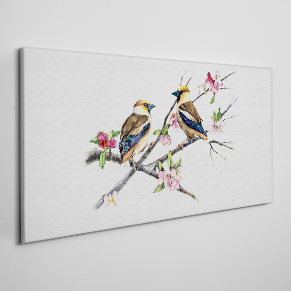 Birds on a branch among flowers Canvas wall art