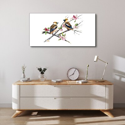Birds on a branch among flowers Canvas wall art