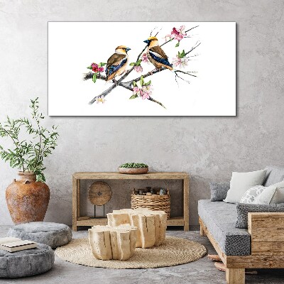 Birds on a branch among flowers Canvas wall art
