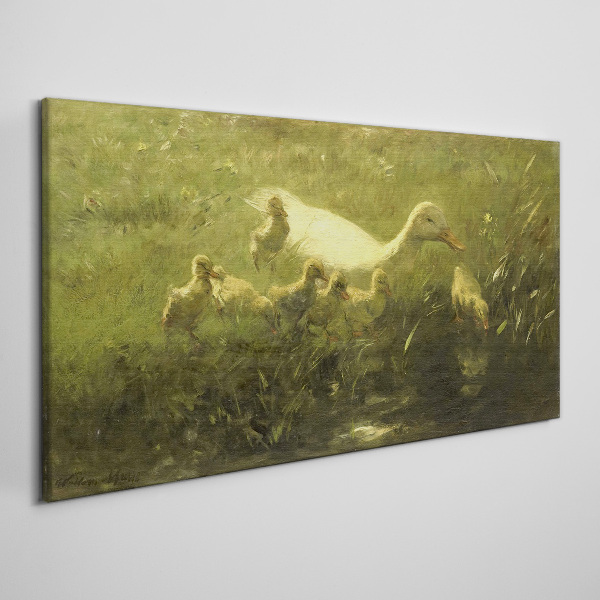 Duck with chicks in the grass Print on canvas