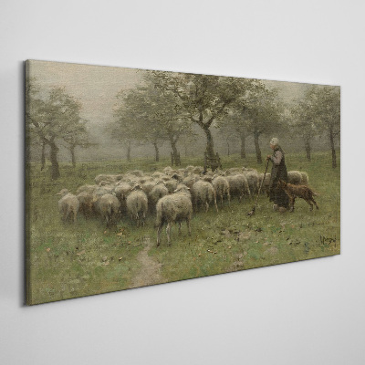 Sheep grazing in a mystical landscape Canvas wall art