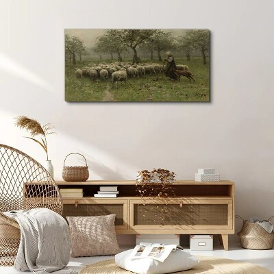 Sheep grazing in a mystical landscape Canvas wall art