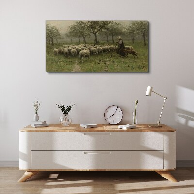 Sheep grazing in a mystical landscape Canvas wall art