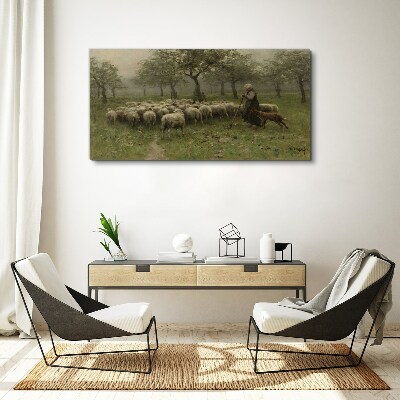 Sheep grazing in a mystical landscape Canvas wall art