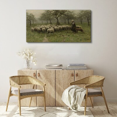 Sheep grazing in a mystical landscape Canvas wall art