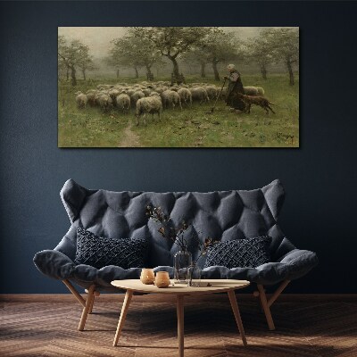 Sheep grazing in a mystical landscape Canvas wall art