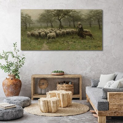 Sheep grazing in a mystical landscape Canvas wall art