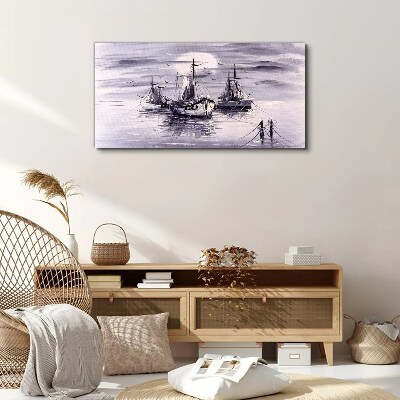 Moon night sea ships Canvas Wall art