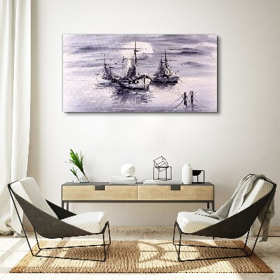 Moon night sea ships Canvas Wall art
