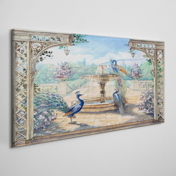 Landscape with a peacock and a fountain Canvas wall art