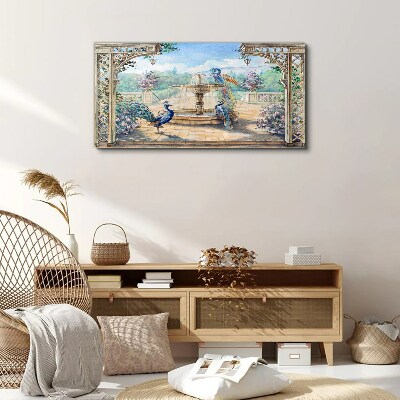 Landscape with a peacock and a fountain Canvas wall art