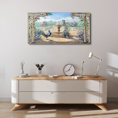 Landscape with a peacock and a fountain Canvas wall art