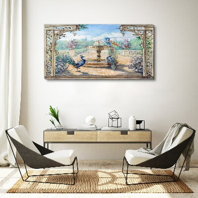 Landscape with a peacock and a fountain Canvas wall art