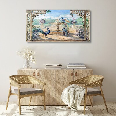 Landscape with a peacock and a fountain Canvas wall art