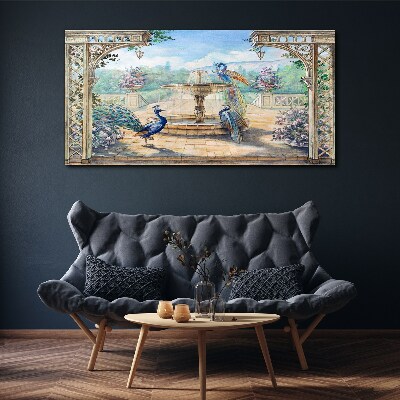 Landscape with a peacock and a fountain Canvas wall art
