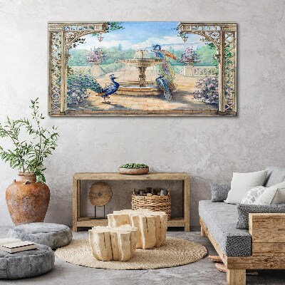 Landscape with a peacock and a fountain Canvas wall art