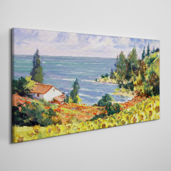 Seaside landscape with a house Canvas wall art