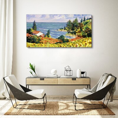 Seaside landscape with a house Canvas wall art