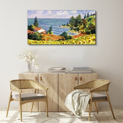 Seaside landscape with a house Canvas wall art
