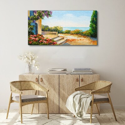 Seaside landscape with flowers Print on canvas
